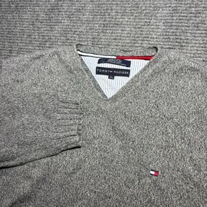 Tommy Hilfiger Mens XL Grey Cotton V-Neck Pullover Sweater Knit Flag Logo XL